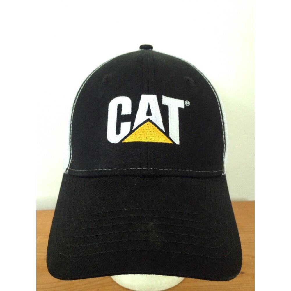 CAT Embroidered Logo Black Yellow Cotton Mesh Trucker Snapback Baseball Hat Cap